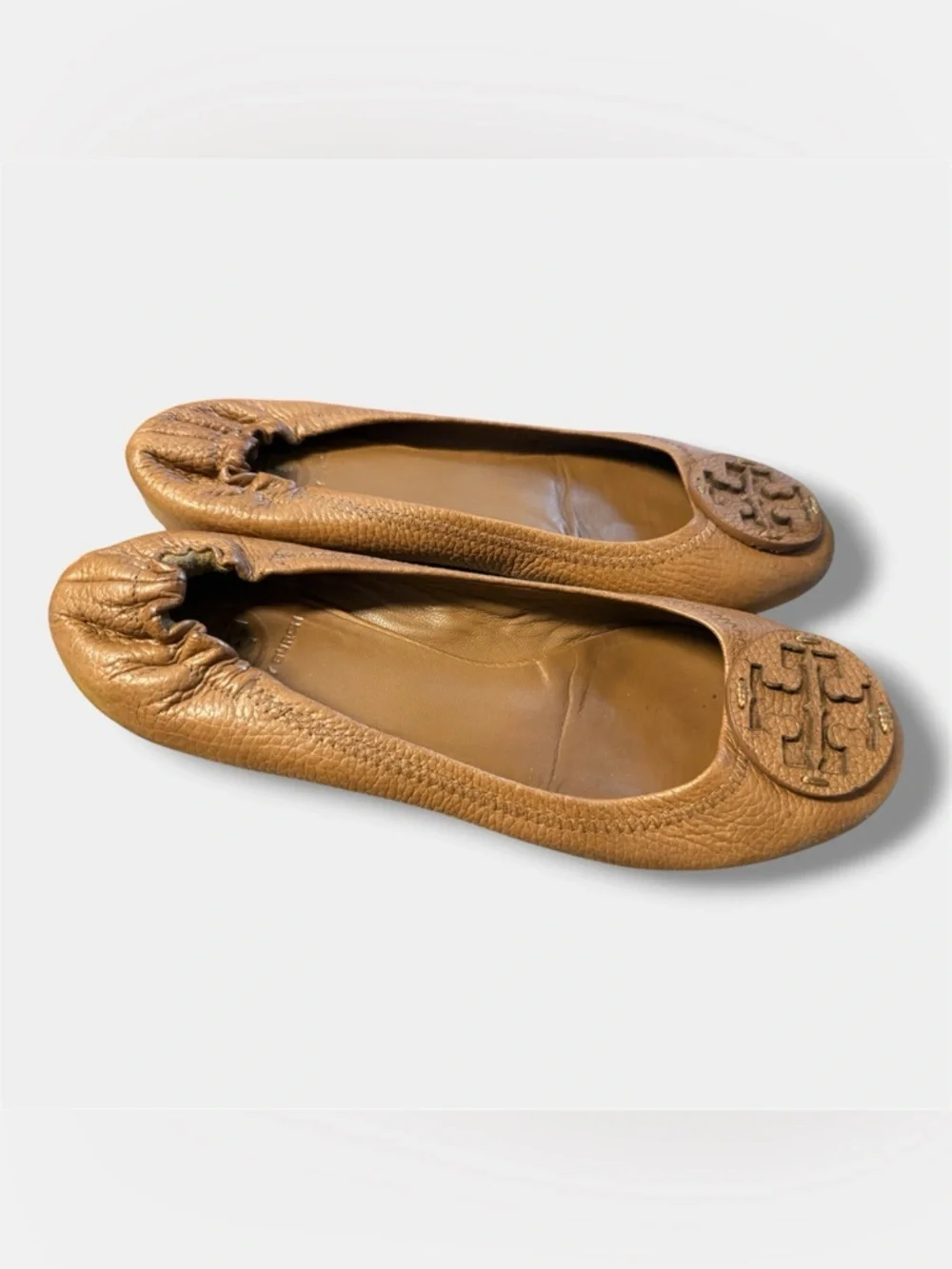 Tory Burch Royal Tan Reva Leather Ballet Flats Gold Logo Women’s Sz 9.5